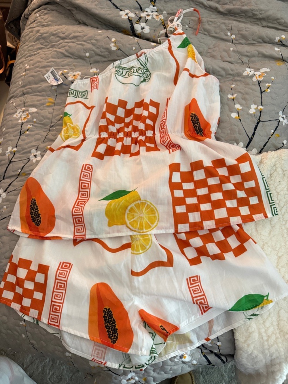 White Fruit-Print Two-Piece Cami & Shorts Set with Orange Papaya Motif